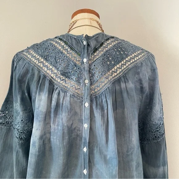 Grunge girly Free People Victorian Abigail hand dyed blue top Small EUC - Picture 7 of 9